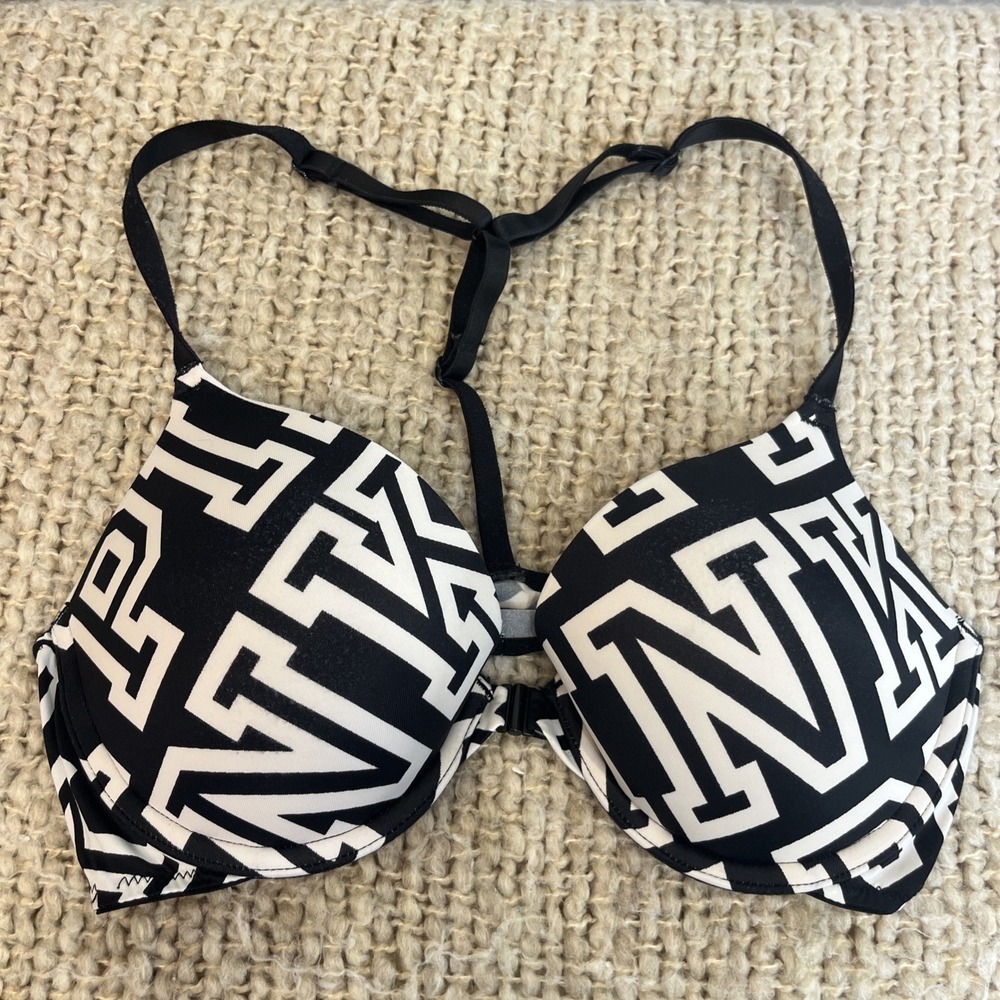 PINK‎ Victorias Secret 34C Pushup Bra Black White Padded Underwire Racerback